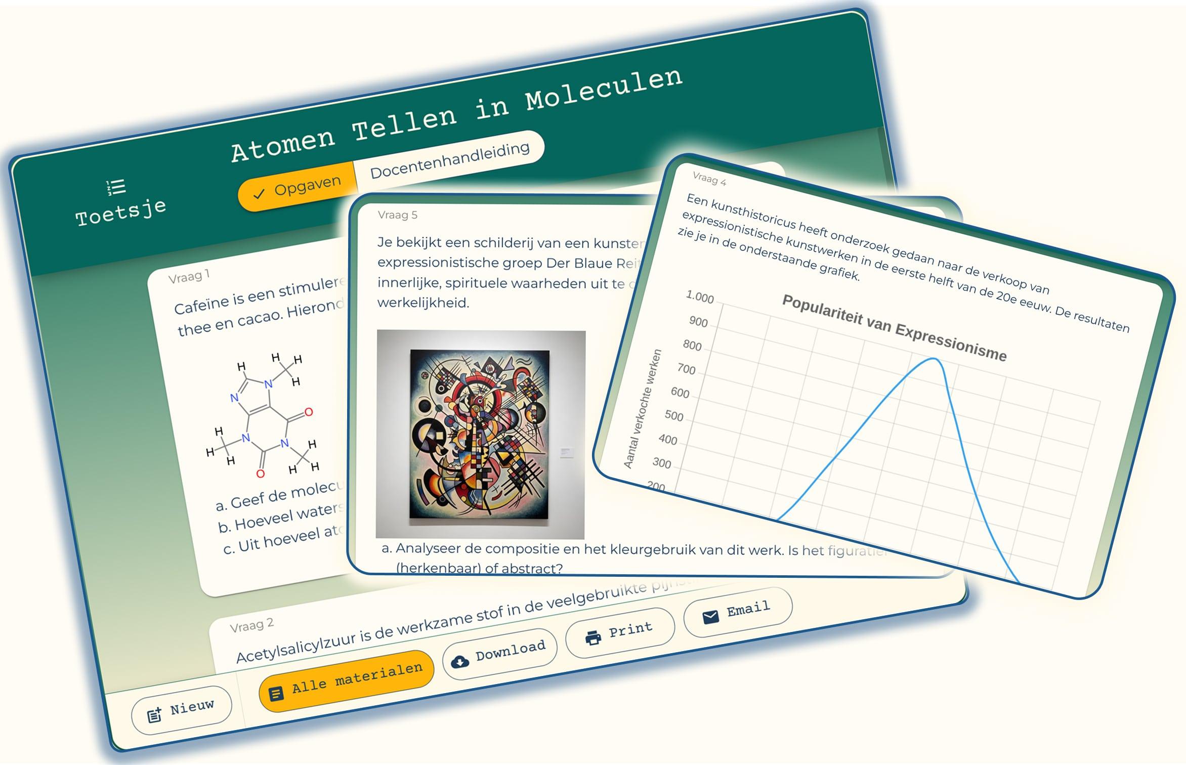 Voorbeeld van lesmateriaal met een illustratie, grafiek en scheikundige formule.